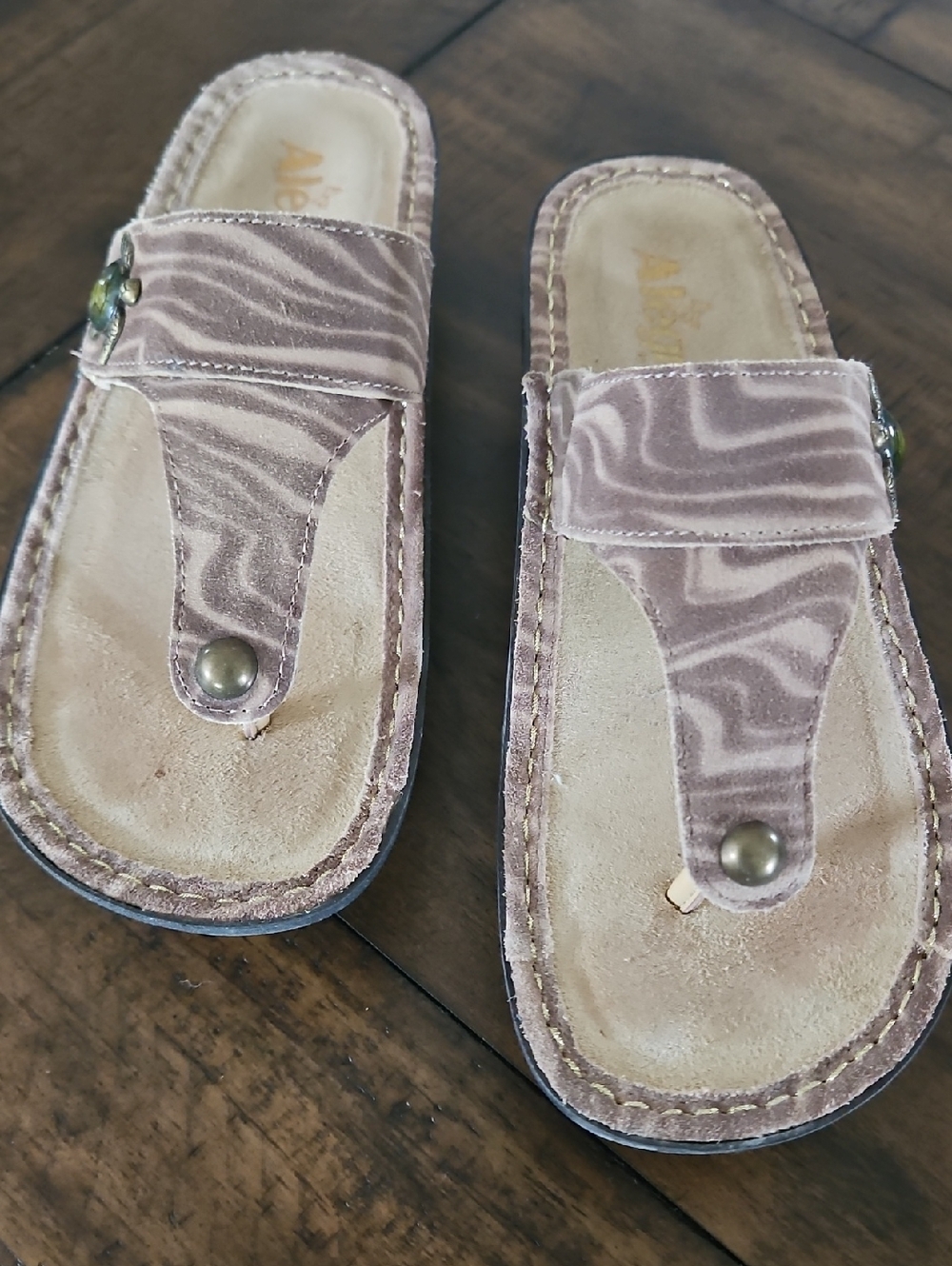 🌊Alegria Women's Taupe Swirl Toe-Post Slide Sandals W/ Sea Turtle Adornment